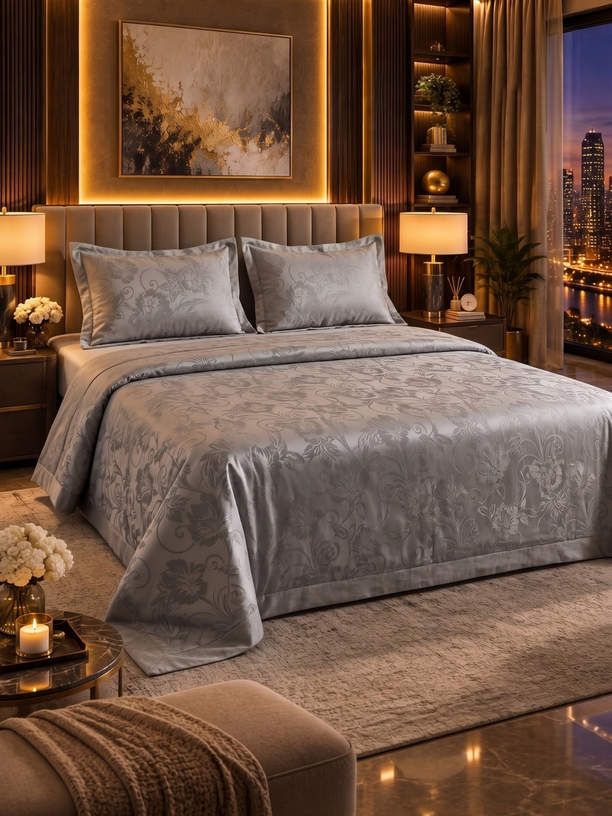 Signature 100% Cotton Luxury King Size Bedsheet | 300 TC Premium Jacquard Weave | 108 x 108 Inches|Silver Grey