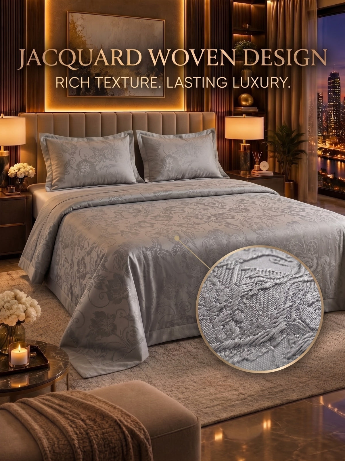 Signature 100% Cotton Luxury King Size Bedsheet | 300 TC Premium Jacquard Weave | 108 x 108 Inches|Silver Grey
