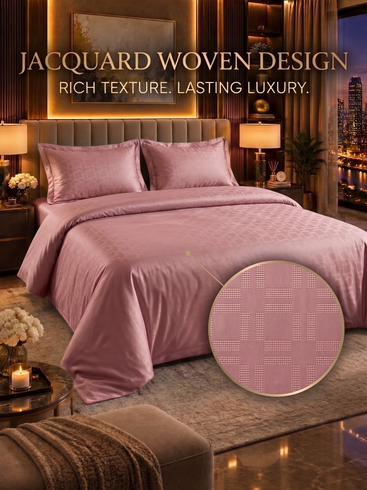 Signature 100% Cotton Luxury King Size Bedsheet | 300 TC Premium Jacquard Weave | 108 x 108 Inches|Pink