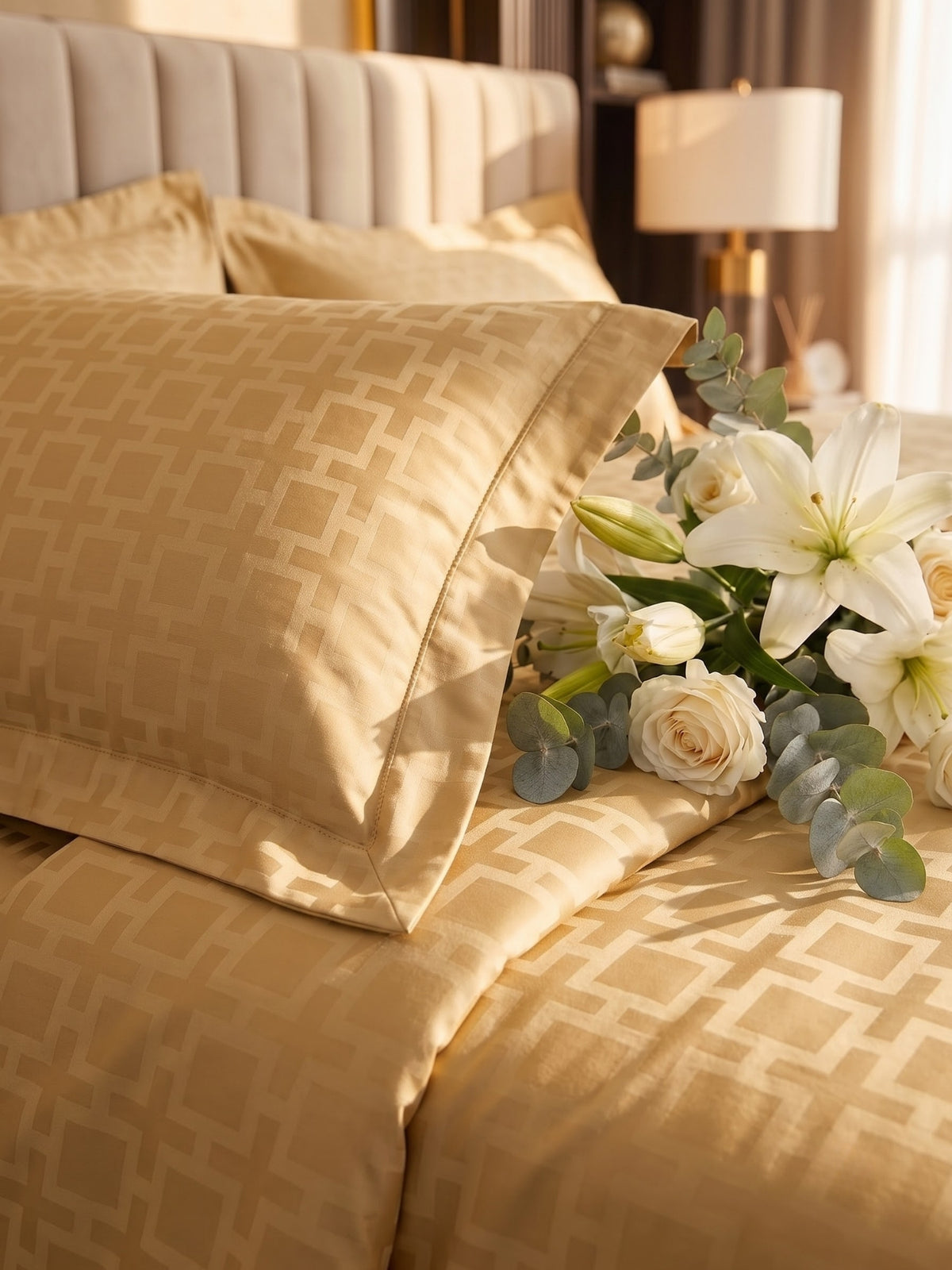 Signature 100% Cotton Luxury King Size Bedsheet | 300 TC Premium Jacquard Weave | 108 x 108 Inches|Antique Gold