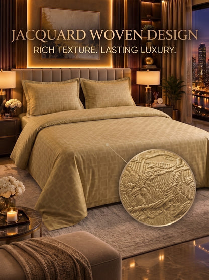 Signature 100% Cotton Luxury King Size Bedsheet | 300 TC Premium Jacquard Weave | 108 x 108 Inches|Antique Gold