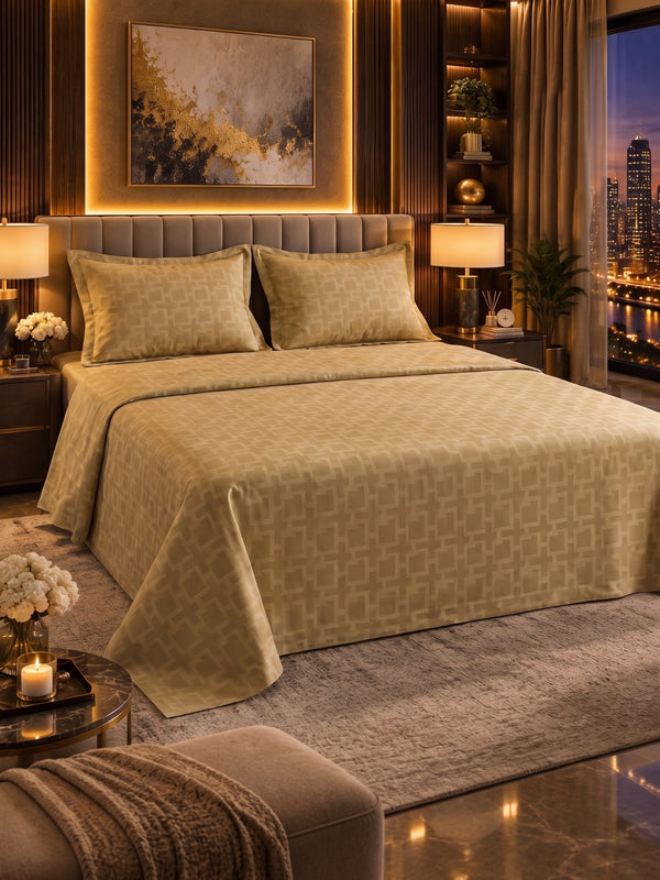 Signature 100% Cotton Luxury King Size Bedsheet | 300 TC Premium Jacquard Weave | 108 x 108 Inches|Antique Gold