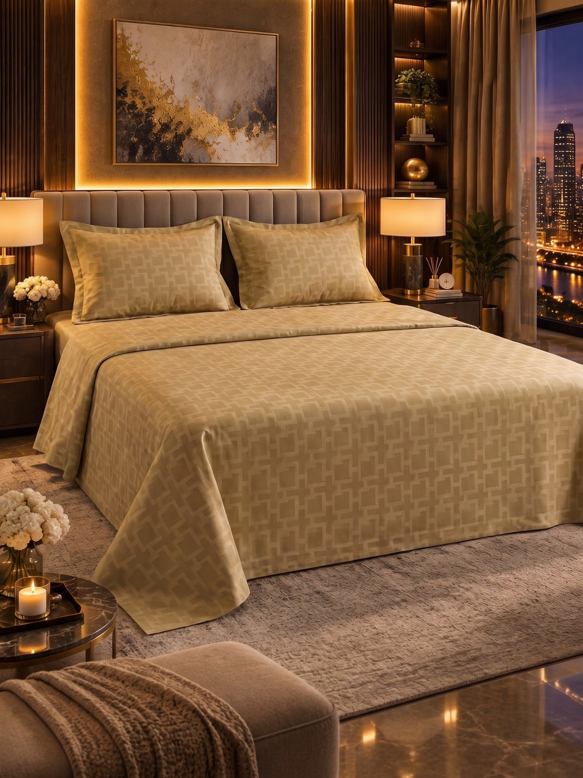 Signature 100% Cotton Luxury King Size Bedsheet | 300 TC Premium Jacquard Weave | 108 x 108 Inches|Antique Gold