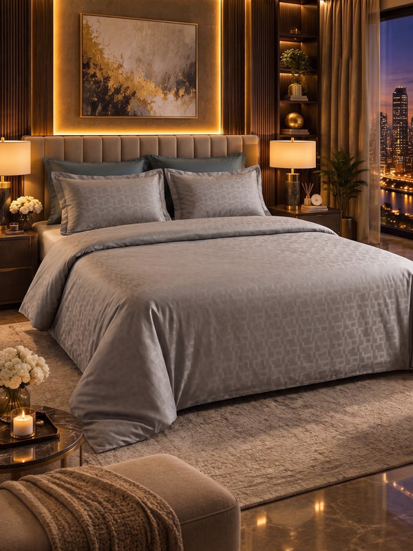 Signature 100% Cotton Luxury King Size Bedsheet | 300 TC Premium Jacquard Weave | 108 x 108 Inches|Stone Grey