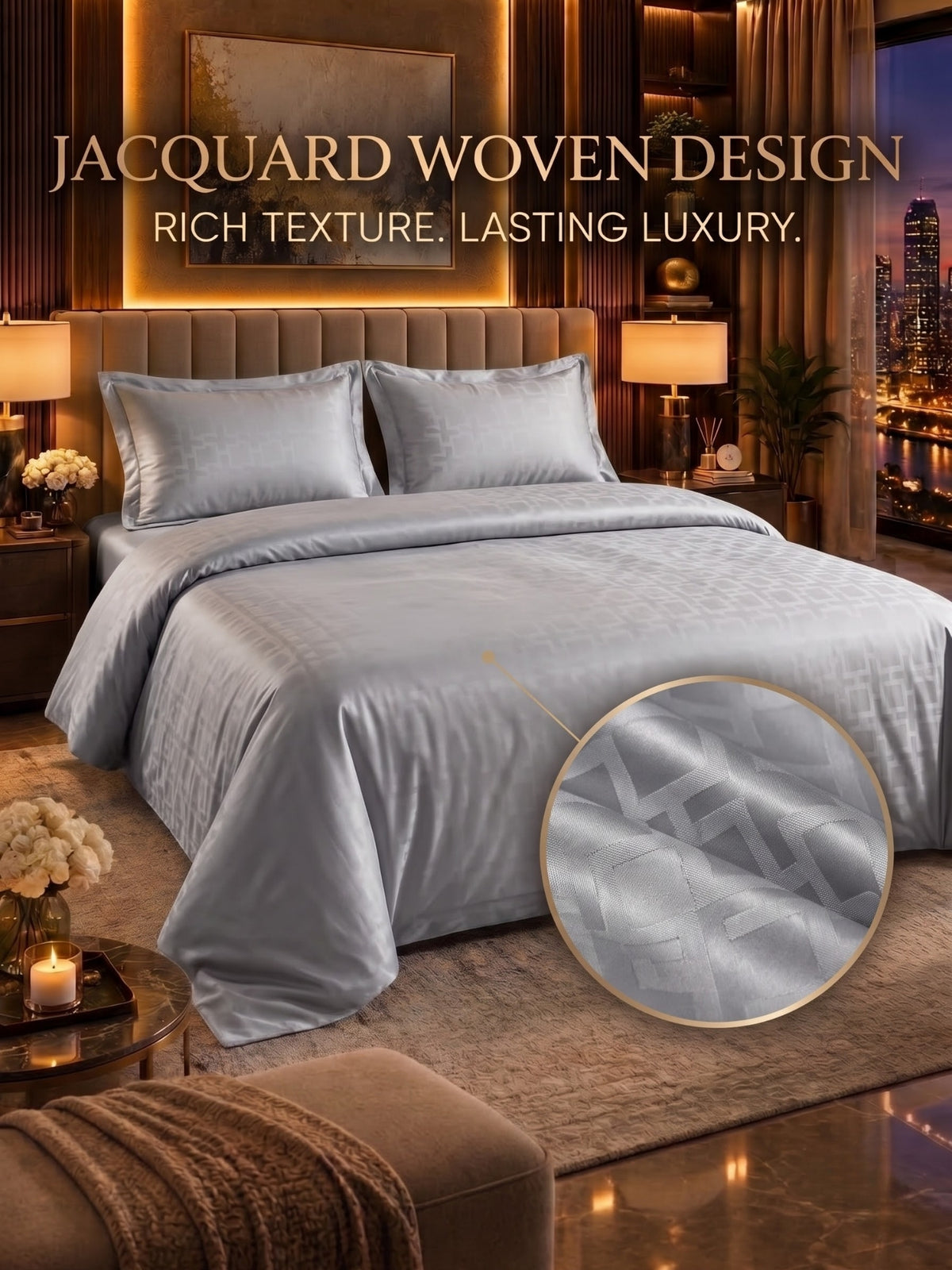 Signature 100% Cotton Luxury King Size Bedsheet | 300 TC Premium Jacquard Weave | 108 x 108 Inches|Silver Grey