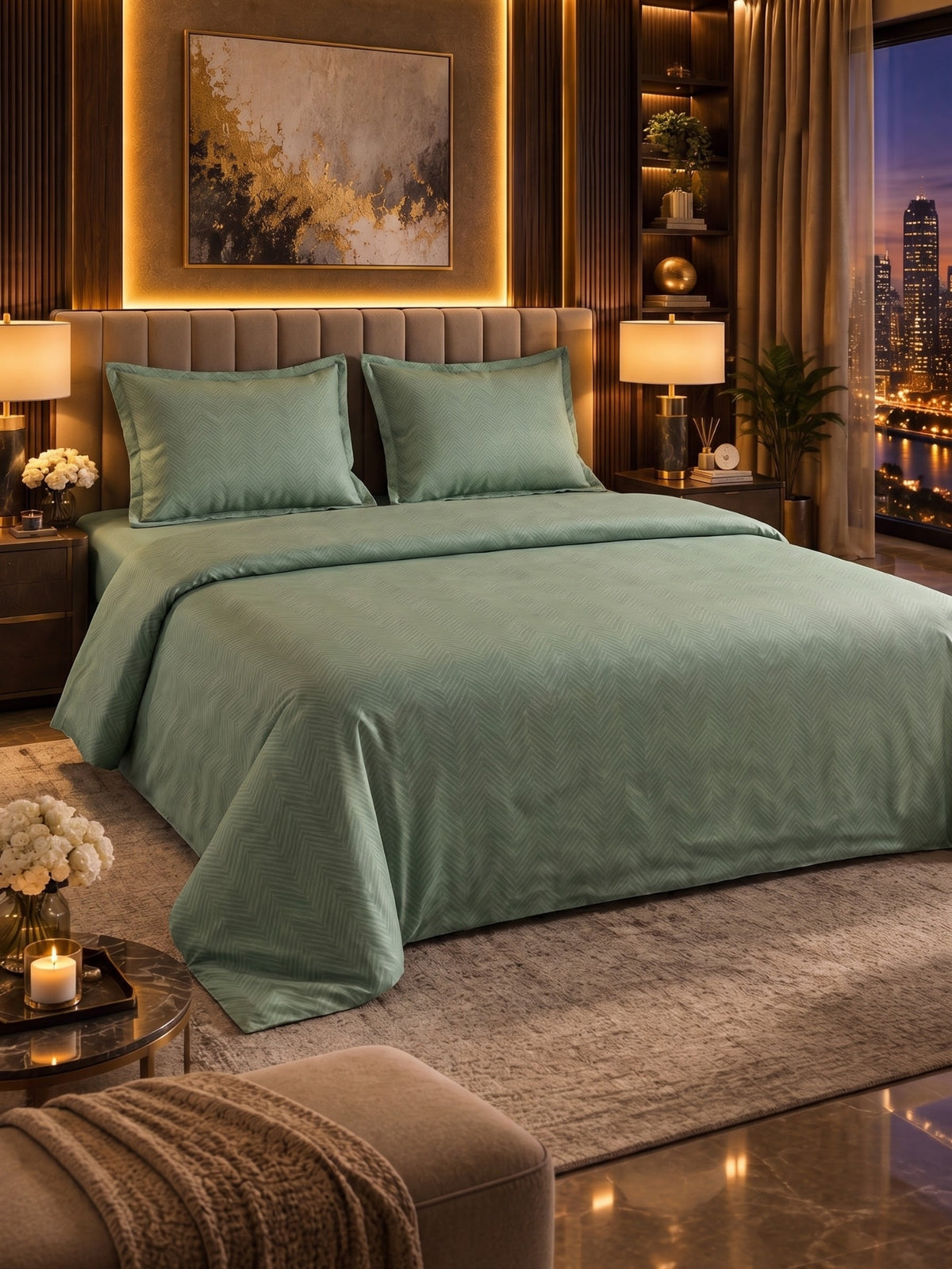 Signature 100% Cotton Luxury King Size Bedsheet | 300 TC Premium Jacquard Weave | 108 x 108 Inches|Pista Green