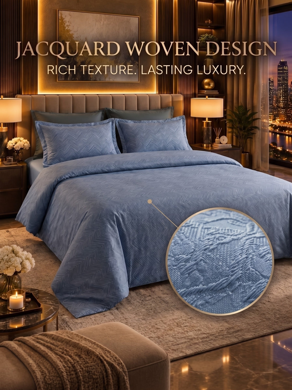 Signature 100% Cotton Luxury King Size Bedsheet | 300 TC Premium Jacquard Weave | 108 x 108 Inches|Blue
