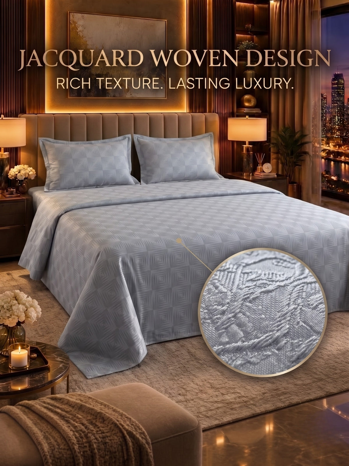 Signature 100% Cotton Luxury King Size Bedsheet | 300 TC Premium Jacquard Weave | 108 x 108 Inches|Grey