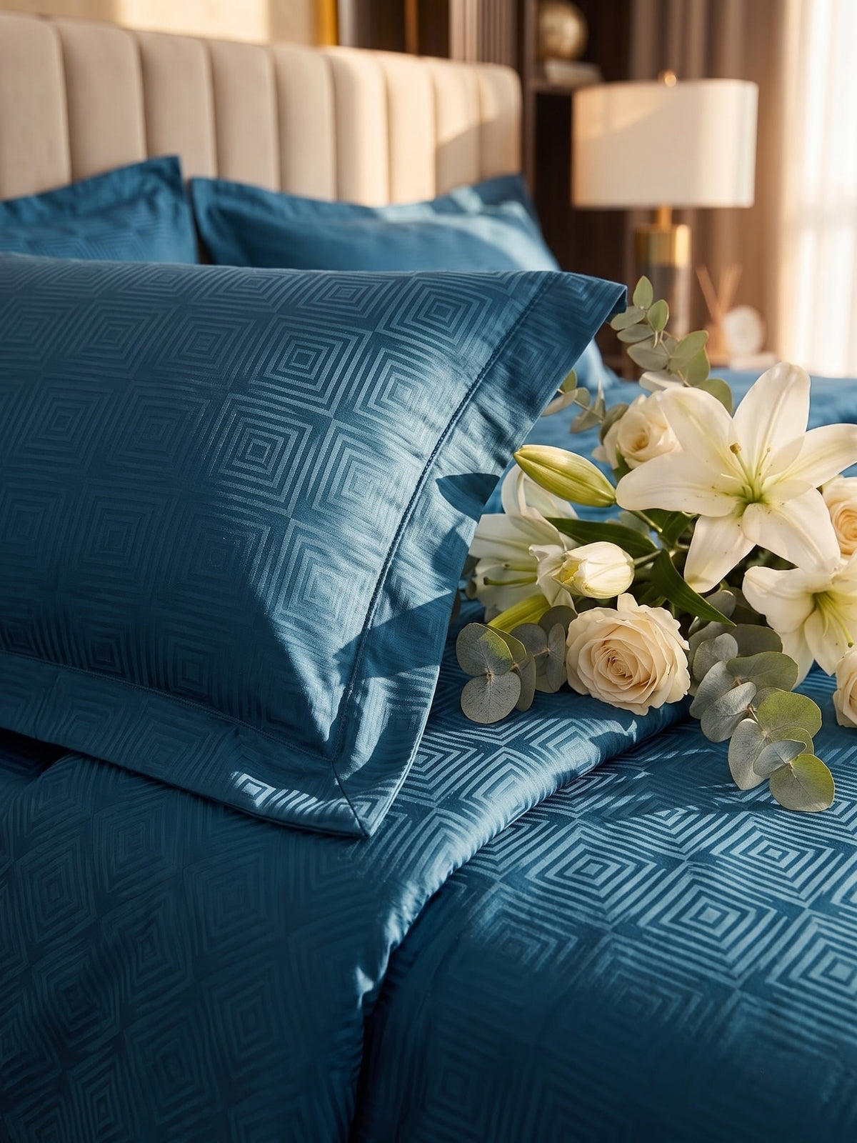 Signature 100% Cotton Luxury King Size Bedsheet | 300 TC Premium Jacquard Weave | 108 x 108 Inches|Peacock Blue