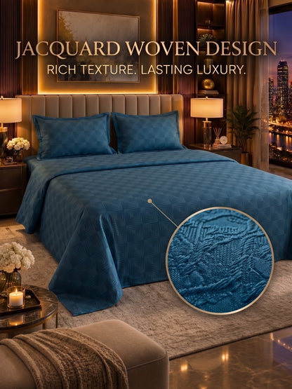 Signature 100% Cotton Luxury King Size Bedsheet | 300 TC Premium Jacquard Weave | 108 x 108 Inches|Peacock Blue