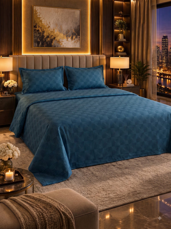 Signature 100% Cotton Luxury King Size Bedsheet | 300 TC Premium Jacquard Weave | 108 x 108 Inches|Peacock Blue