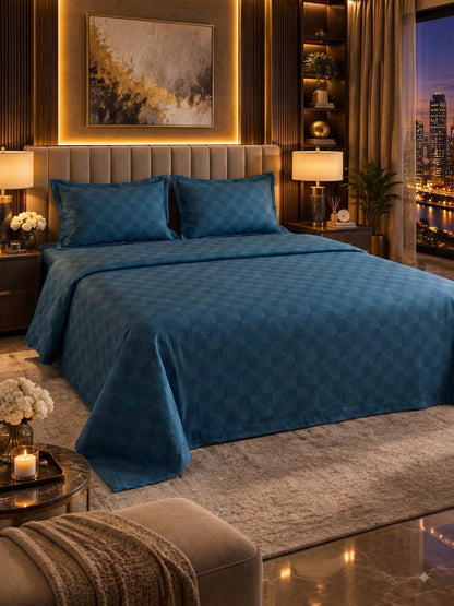 Signature 100% Cotton Luxury King Size Bedsheet | 300 TC Premium Jacquard Weave | 108 x 108 Inches|Peacock Blue