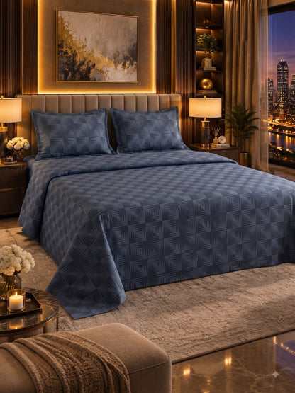 Signature 100% Cotton Luxury King Size Bedsheet | 300 TC Premium Jacquard Weave | 108 x 108 Inches|Navy Blue