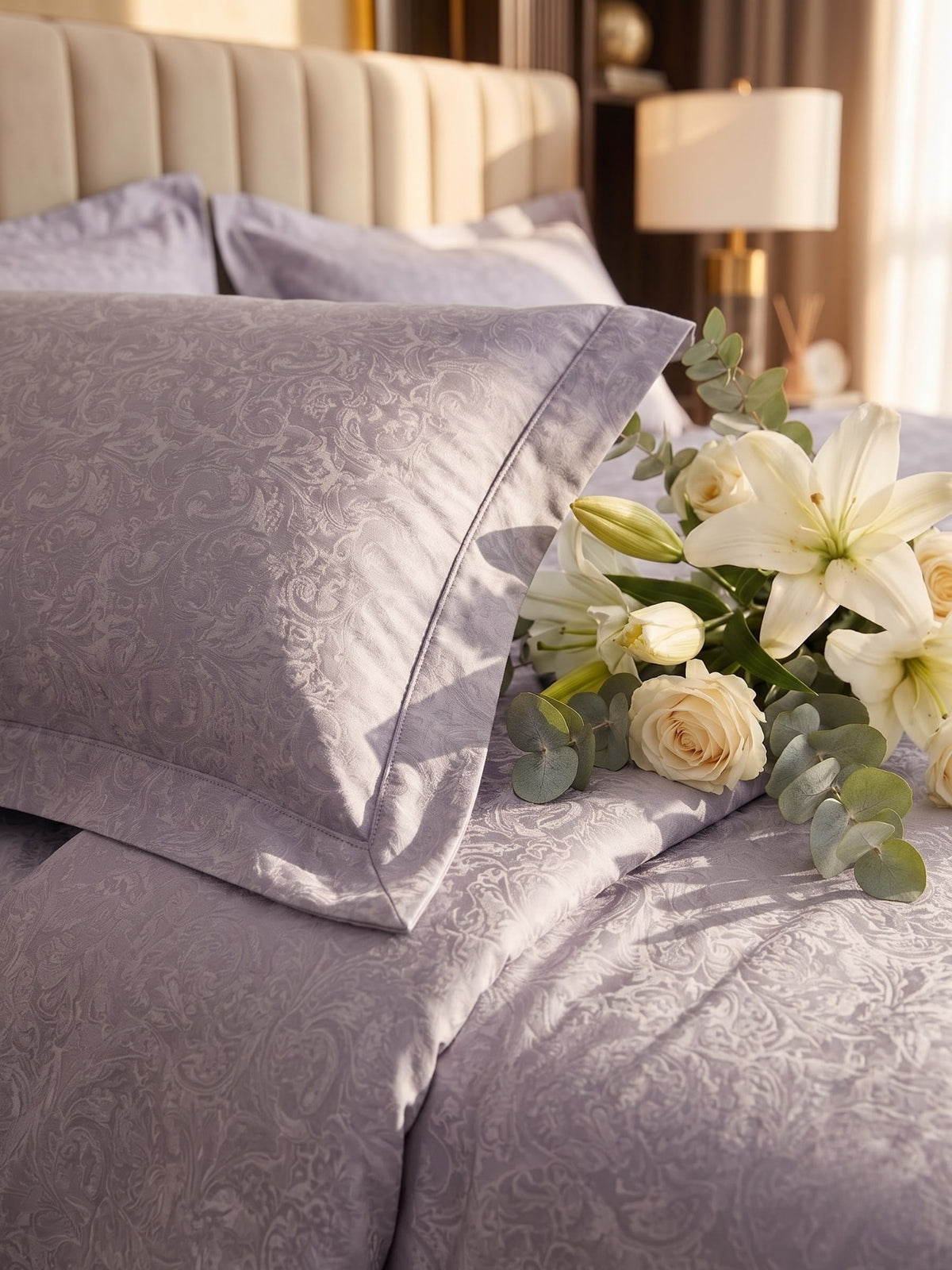 Royale Collection Reversible King Size Bedsheet | 100% Cotton 300 TC Two-Tone Jacquard Weave | 108 x 108 Inches|Floral Lavender