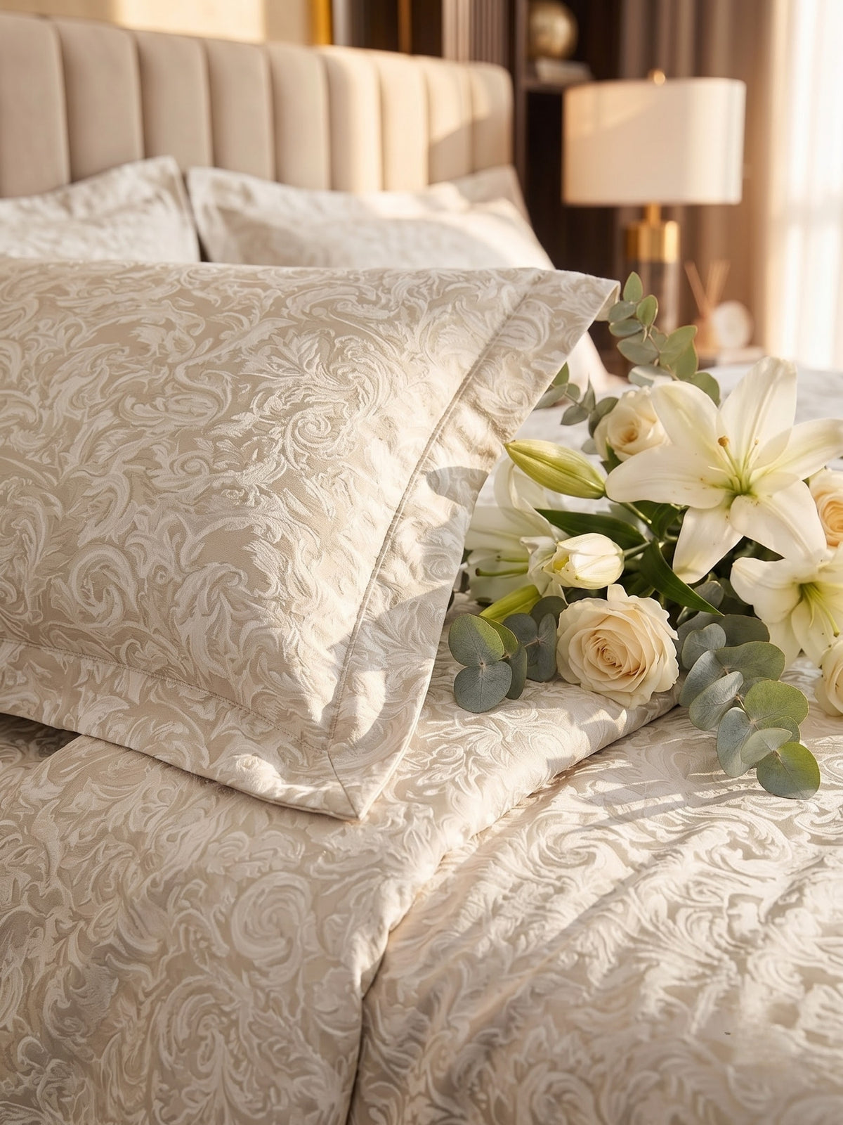 Royale Collection Reversible King Size Bedsheet | 100% Cotton 300 TC Two-Tone Jacquard Weave | 108 x 108 Inches| Floral Beige