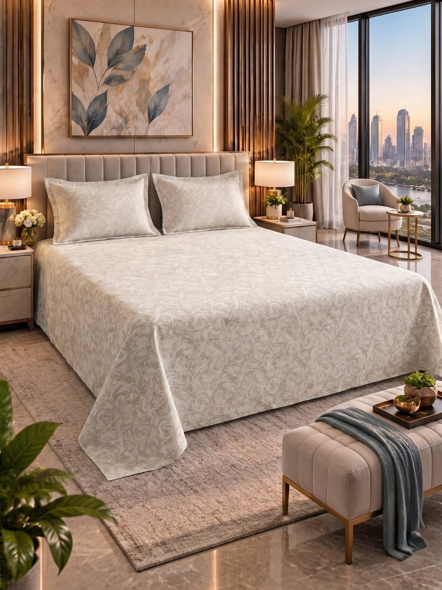 Royale Collection Reversible King Size Bedsheet | 100% Cotton 300 TC Two-Tone Jacquard Weave | 108 x 108 Inches| Floral Beige