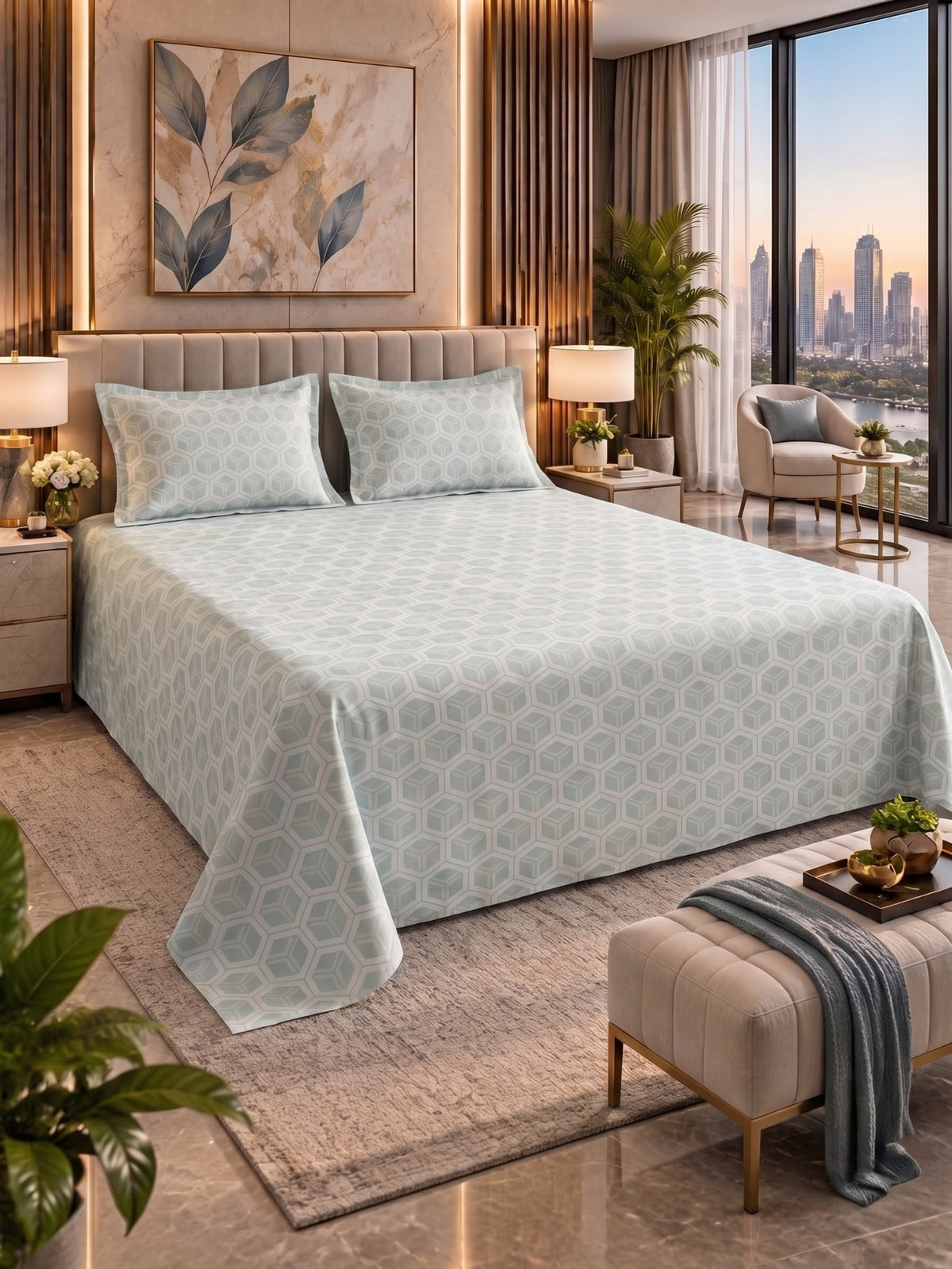 Royale Collection Reversible King Size Bedsheet | 100% Cotton 300 TC Two-Tone Jacquard Weave | 108 x 108 Inches| Light Teal