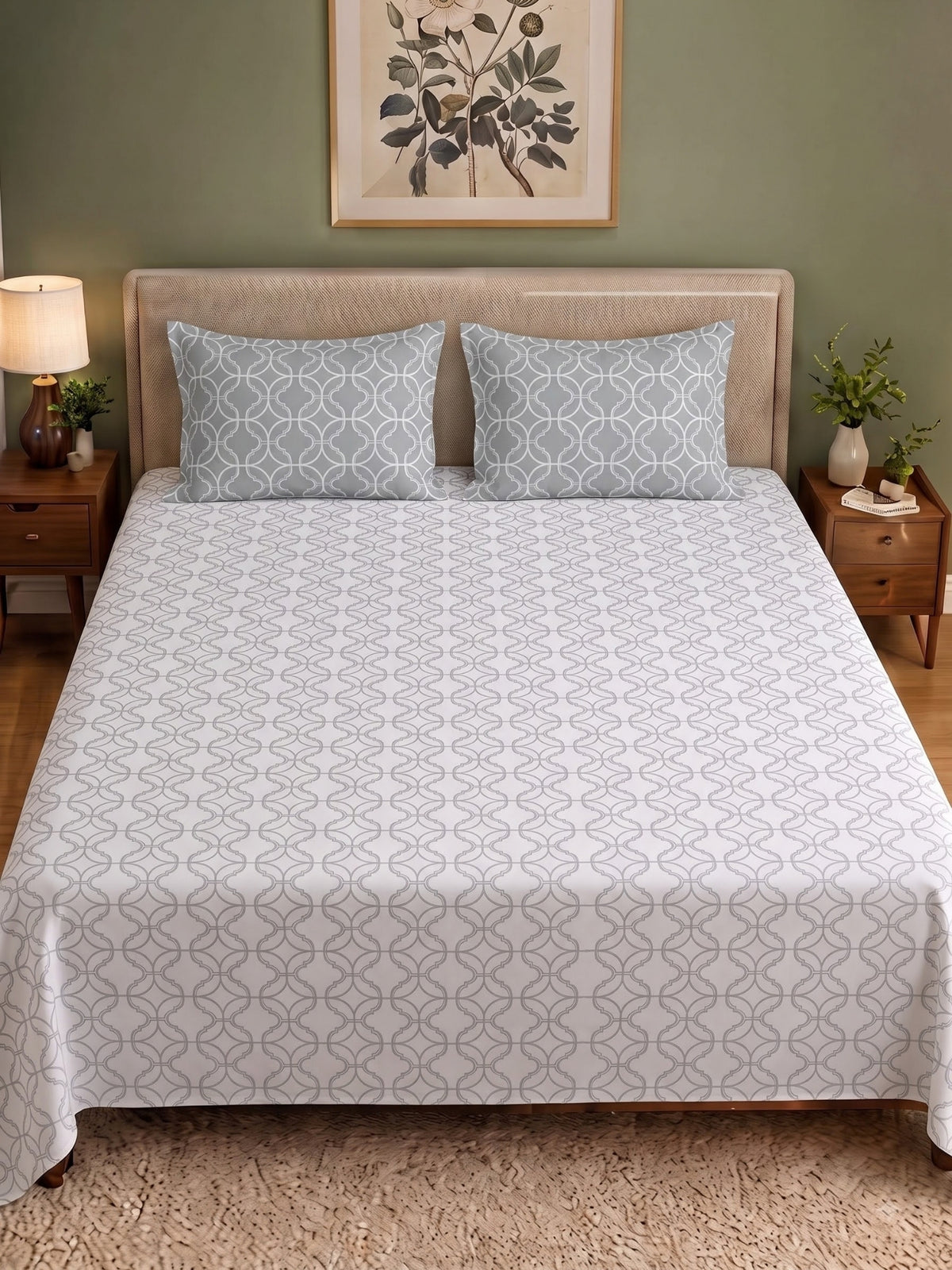 Premium 100% Cotton Satin King Size Bedsheet – 210 TC, 108 x 108 Inch |White & Grey