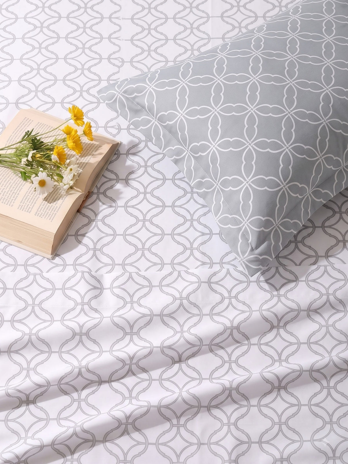 Premium 100% Cotton Satin King Size Bedsheet – 210 TC, 108 x 108 Inch |White & Grey