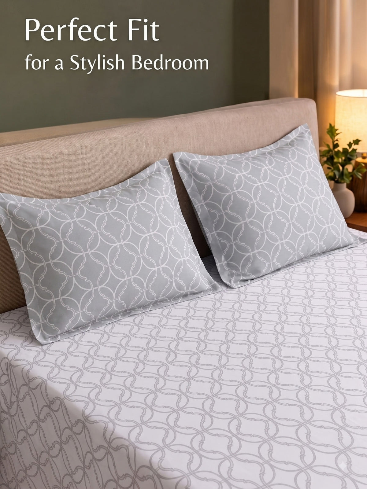 Premium 100% Cotton Satin King Size Bedsheet – 210 TC, 108 x 108 Inch |White & Grey
