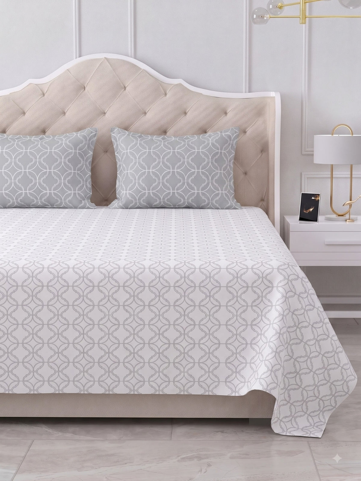 Premium 100% Cotton Satin King Size Bedsheet – 210 TC, 108 x 108 Inch |White & Grey
