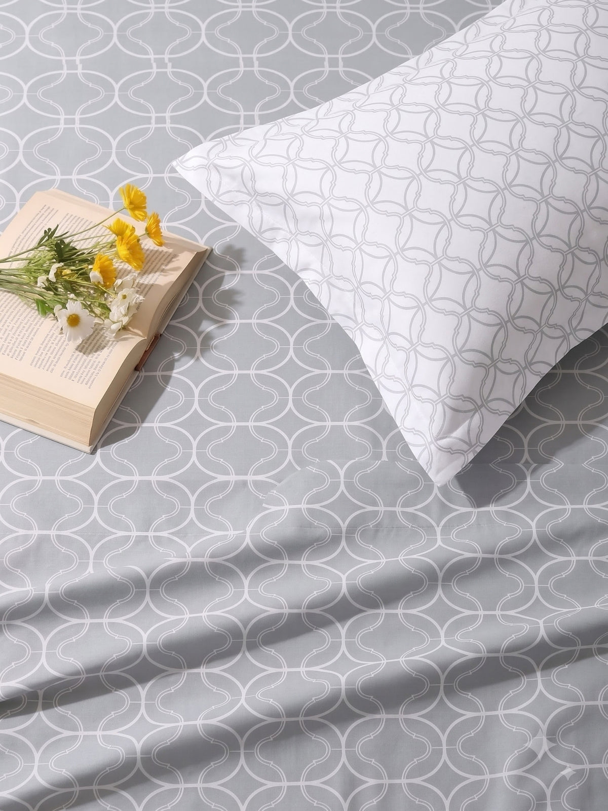 Premium 100% Cotton Satin King Size Bedsheet – 210 TC, 108 x 108 Inch| Grey & White