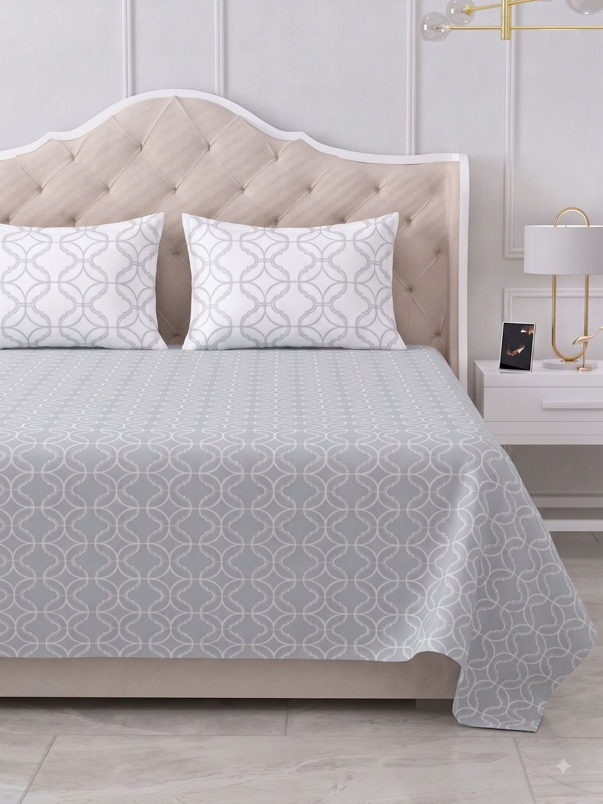 Premium 100% Cotton Satin King Size Bedsheet – 210 TC, 108 x 108 Inch| Grey & White