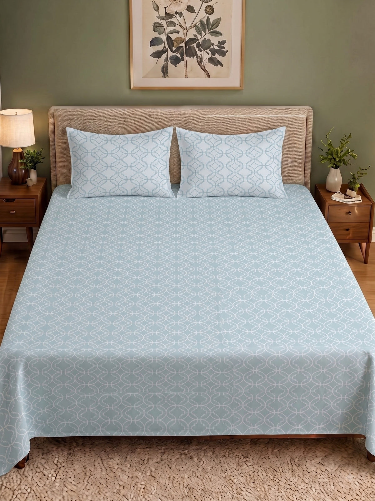 Premium 100% Cotton Satin King Size Bedsheet – 210 TC, 108 x 108 Inch| Sky Blue & White