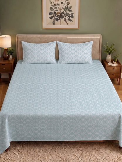 Premium 100% Cotton Satin King Size Bedsheet – 210 TC, 108 x 108 Inch| Sky Blue & White