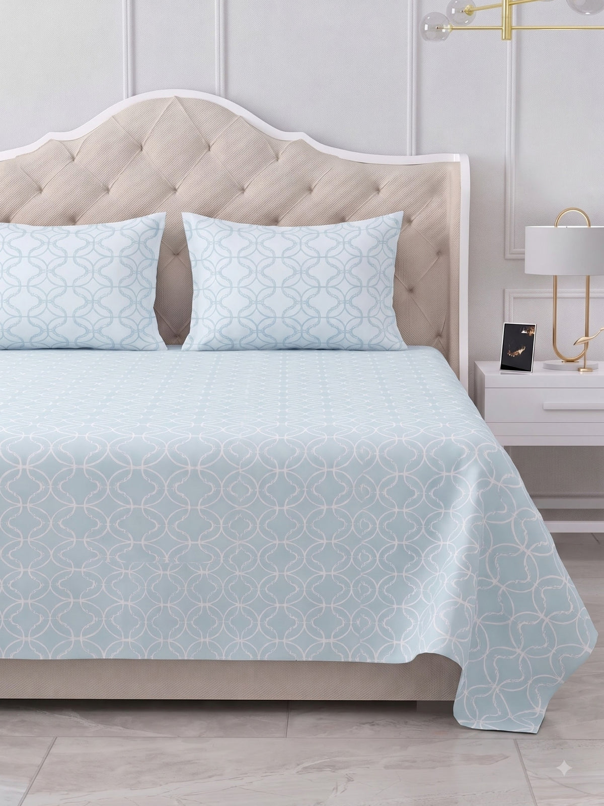 Premium 100% Cotton Satin King Size Bedsheet – 210 TC, 108 x 108 Inch| Sky Blue & White