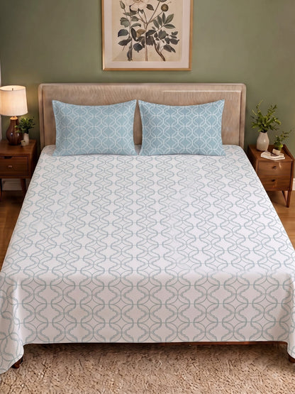 Premium 100% Cotton Satin King Size Bedsheet – 210 TC, 108 x 108 Inch| White & Sky blue