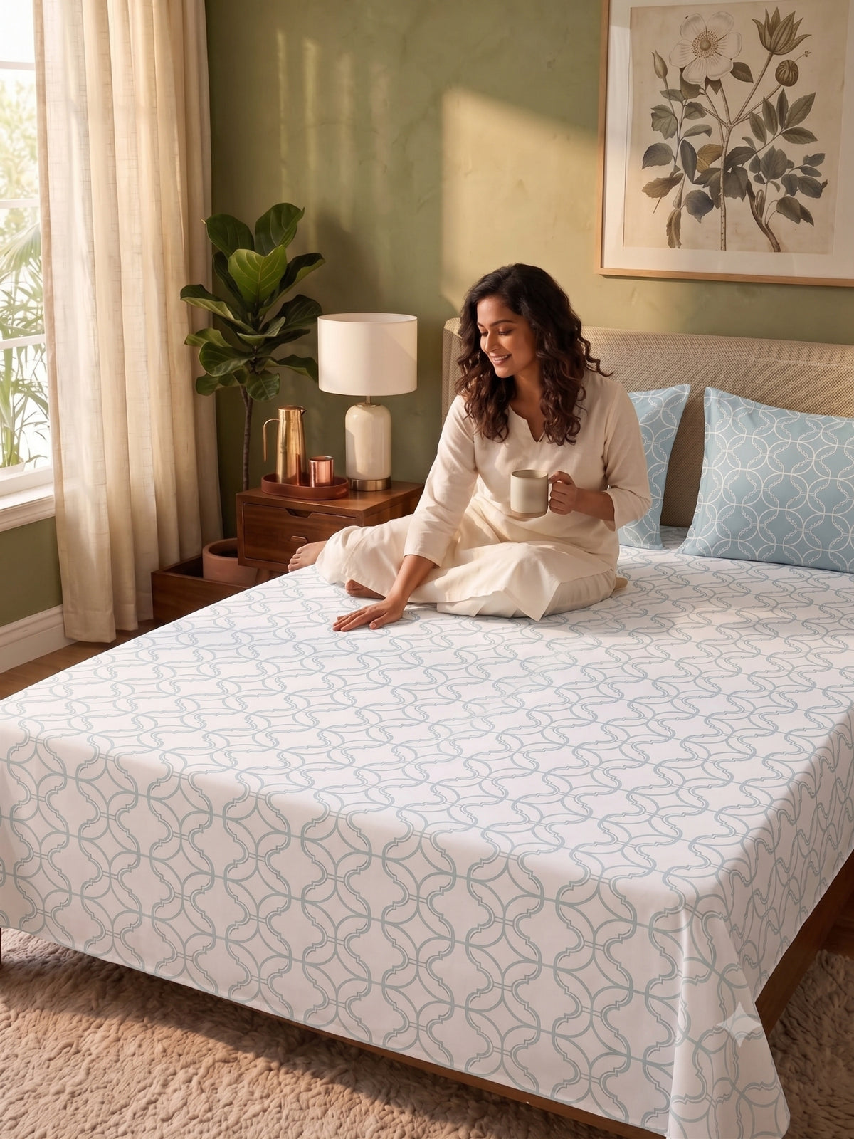 Premium 100% Cotton Satin King Size Bedsheet – 210 TC, 108 x 108 Inch| White & Sky blue