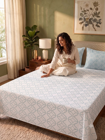 Premium 100% Cotton Satin King Size Bedsheet – 210 TC, 108 x 108 Inch| White & Sky blue