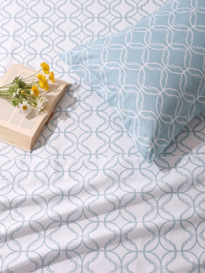 Premium 100% Cotton Satin King Size Bedsheet – 210 TC, 108 x 108 Inch| White & Sky blue