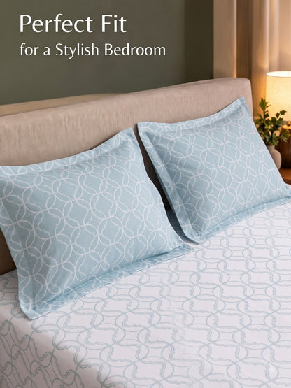 Premium 100% Cotton Satin King Size Bedsheet – 210 TC, 108 x 108 Inch| White & Sky blue