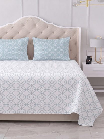 Premium 100% Cotton Satin King Size Bedsheet – 210 TC, 108 x 108 Inch| White & Sky blue