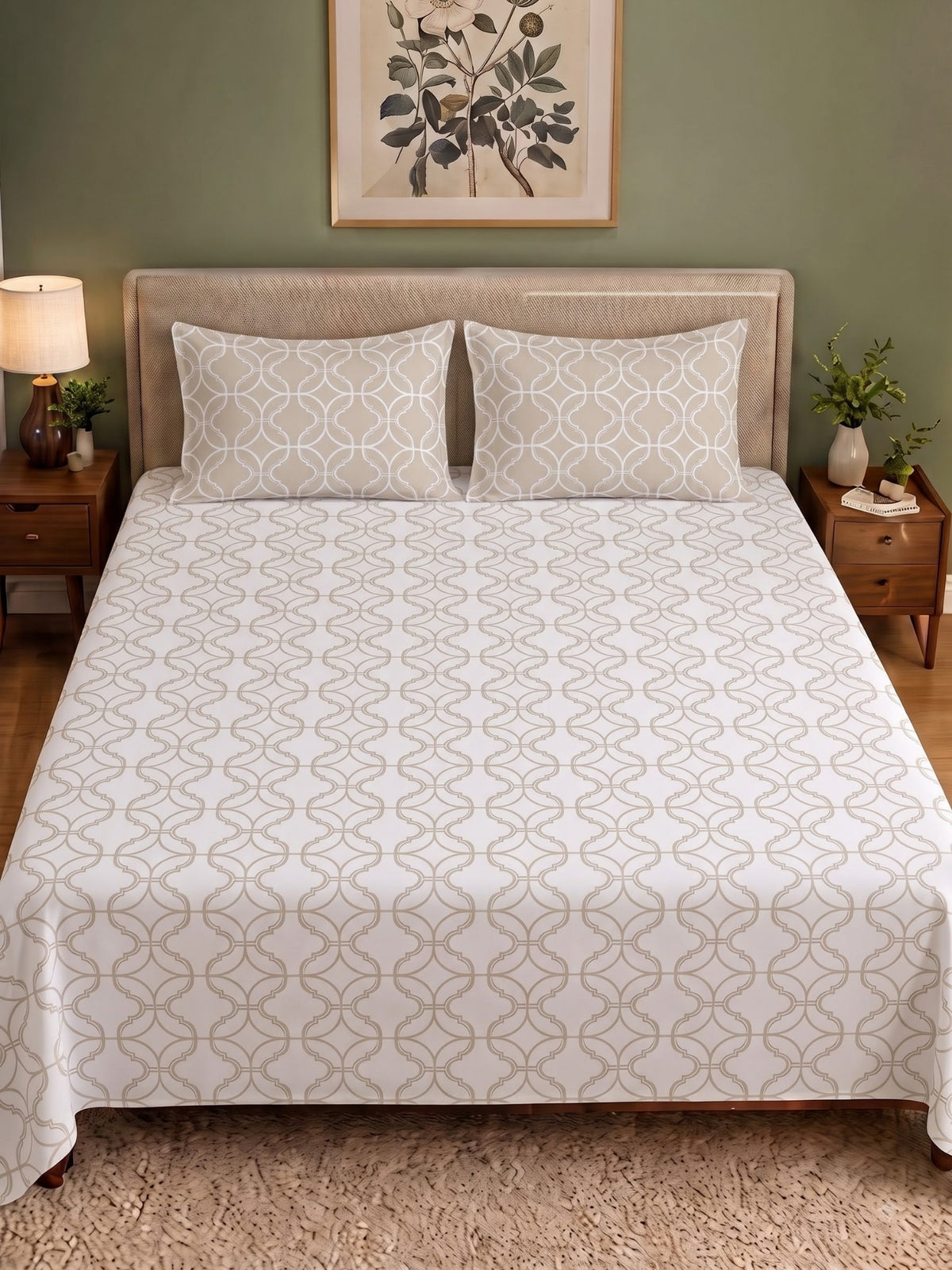 Premium 100% Cotton Satin King Size Bedsheet – 210 TC, 108 x 108 Inch| White & Beige