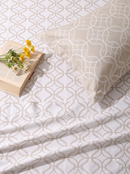 Premium 100% Cotton Satin King Size Bedsheet – 210 TC, 108 x 108 Inch| White & Beige