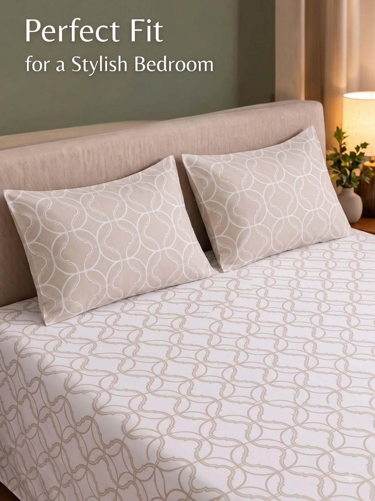 Premium 100% Cotton Satin King Size Bedsheet – 210 TC, 108 x 108 Inch| White & Beige