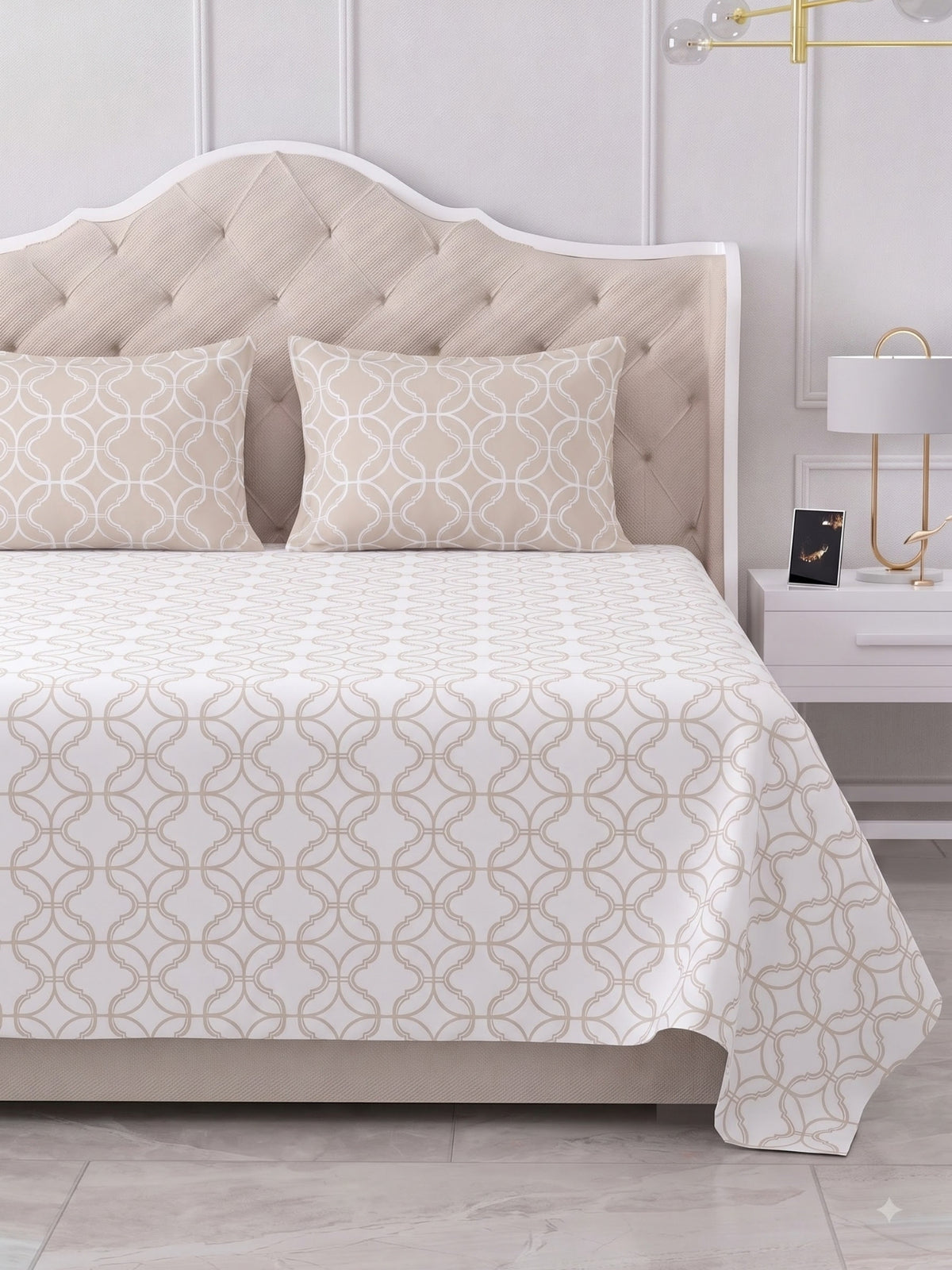 Premium 100% Cotton Satin King Size Bedsheet – 210 TC, 108 x 108 Inch| White & Beige