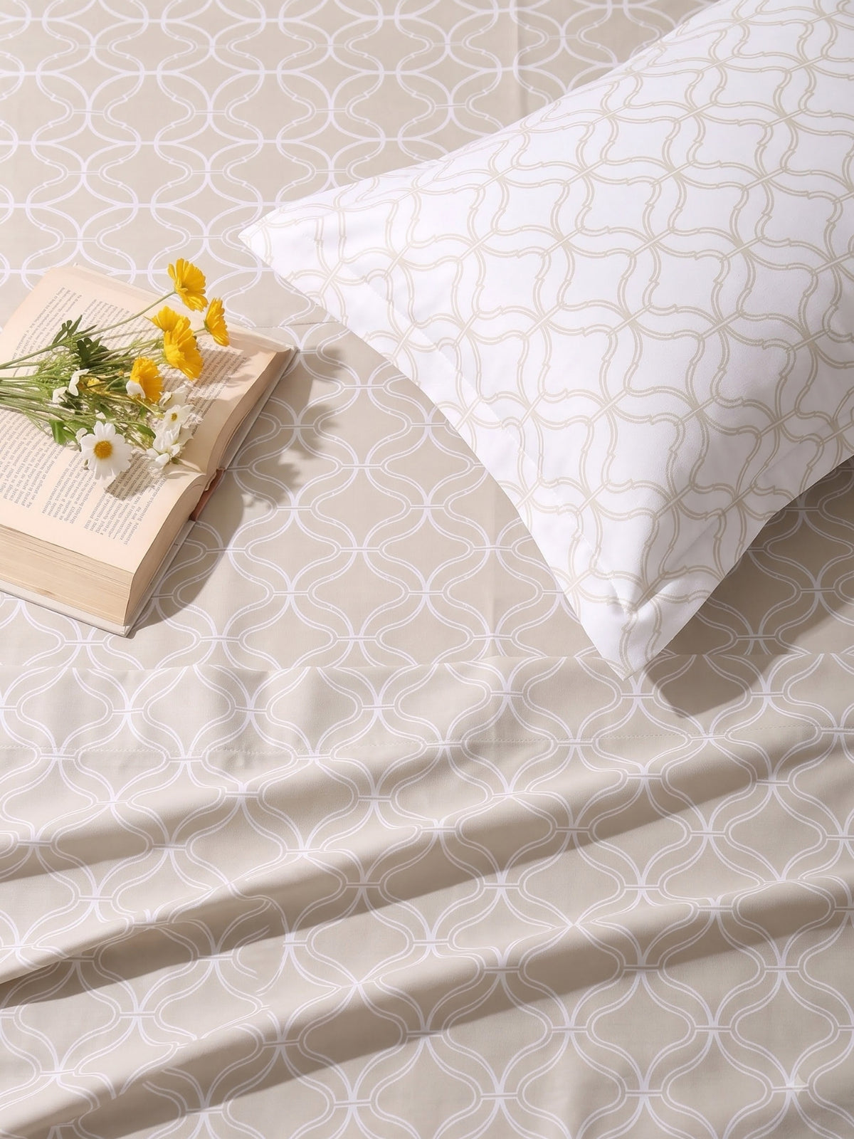 Premium 100% Cotton Satin King Size Bedsheet – 210 TC, 108 x 108 Inch| Beige & White