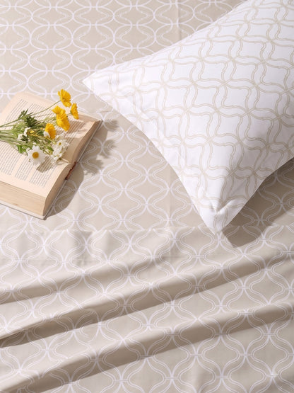 Premium 100% Cotton Satin King Size Bedsheet – 210 TC, 108 x 108 Inch| Beige & White