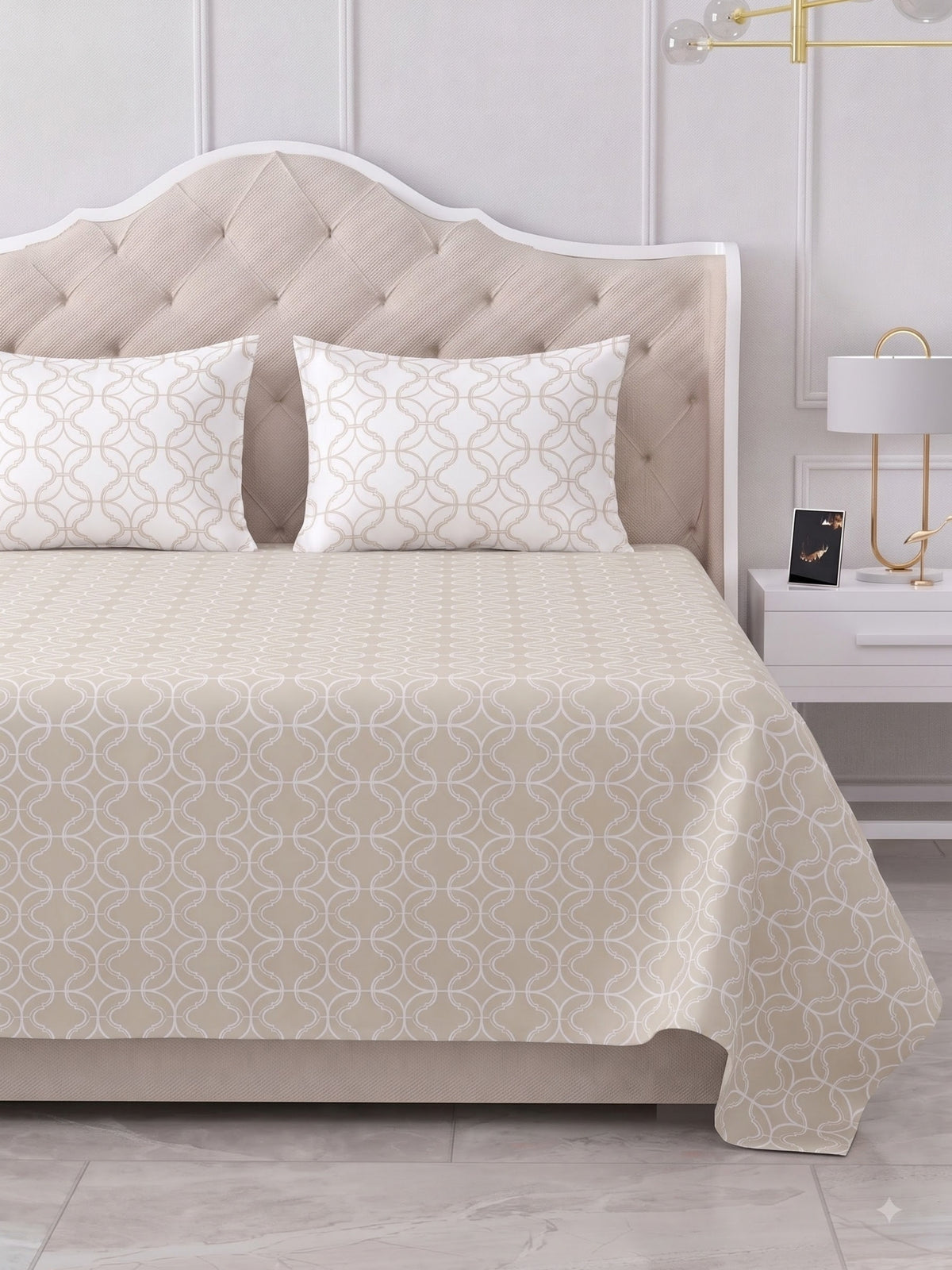 Premium 100% Cotton Satin King Size Bedsheet – 210 TC, 108 x 108 Inch| Beige & White