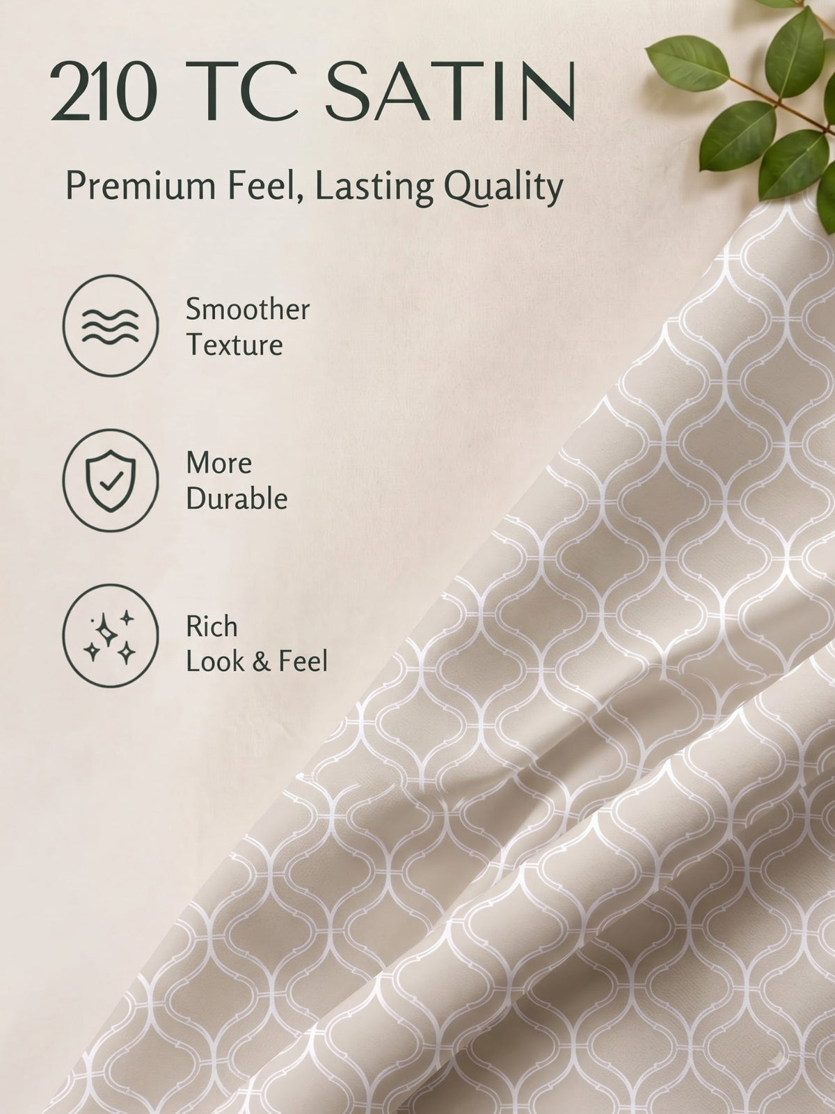 Premium 100% Cotton Satin King Size Bedsheet – 210 TC, 108 x 108 Inch| Beige & White
