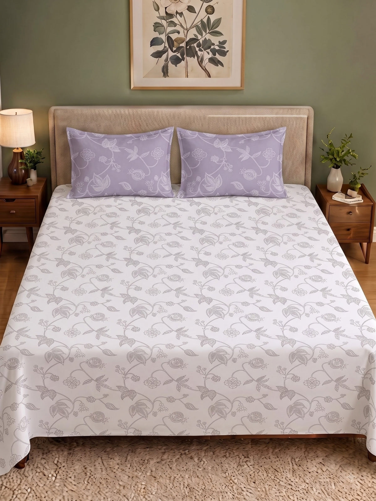 Premium 100% Cotton Satin King Size Bedsheet – 210 TC, 108 x 108 Inch| White & Lavender