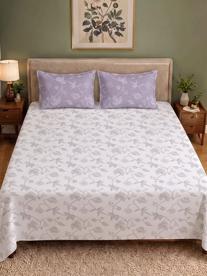 Premium 100% Cotton Satin King Size Bedsheet – 210 TC, 108 x 108 Inch| White & Lavender