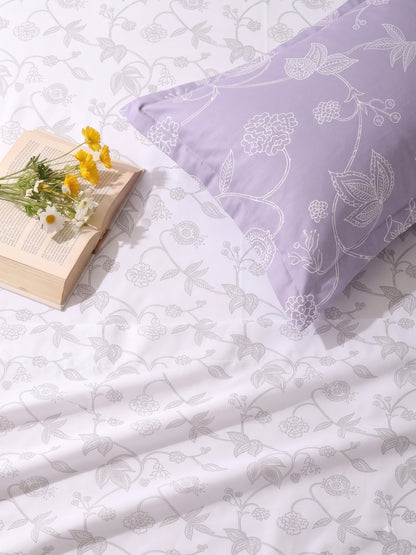 Premium 100% Cotton Satin King Size Bedsheet – 210 TC, 108 x 108 Inch| White & Lavender