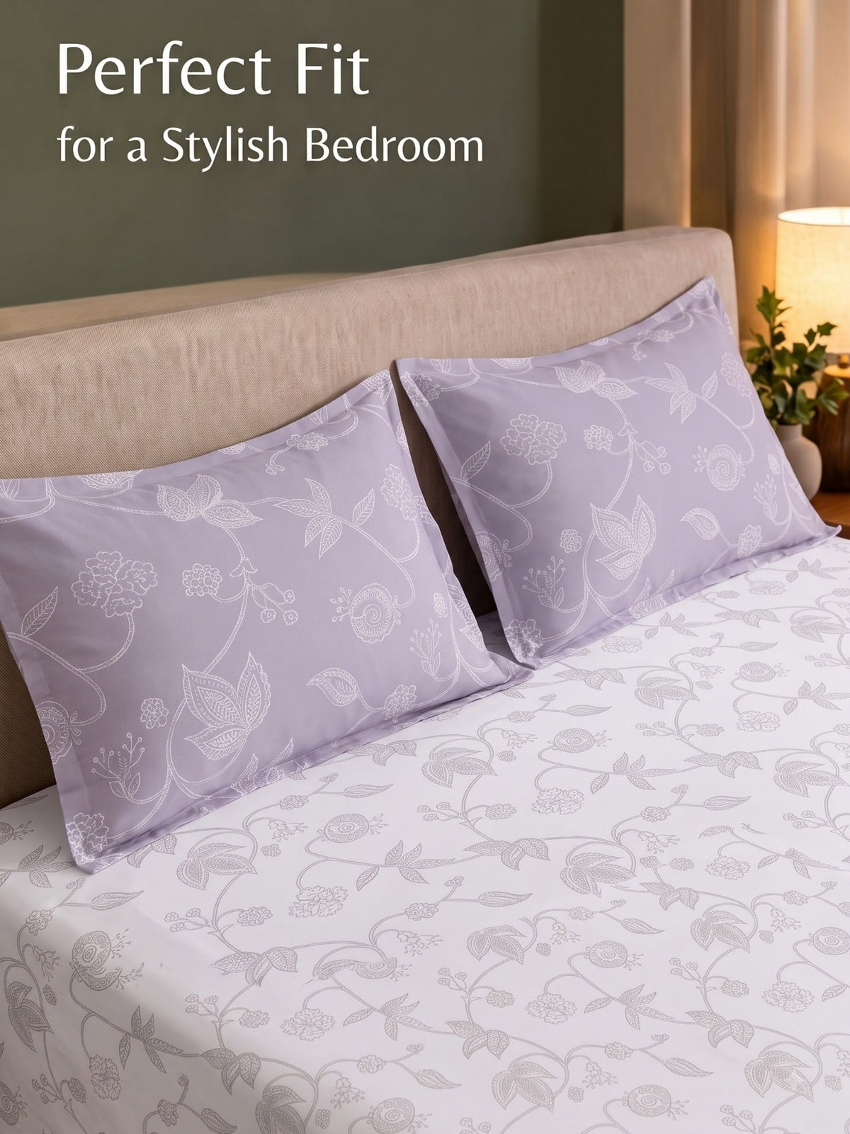 Premium 100% Cotton Satin King Size Bedsheet – 210 TC, 108 x 108 Inch| White & Lavender