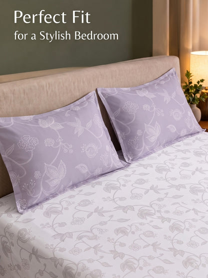 Premium 100% Cotton Satin King Size Bedsheet – 210 TC, 108 x 108 Inch| White & Lavender