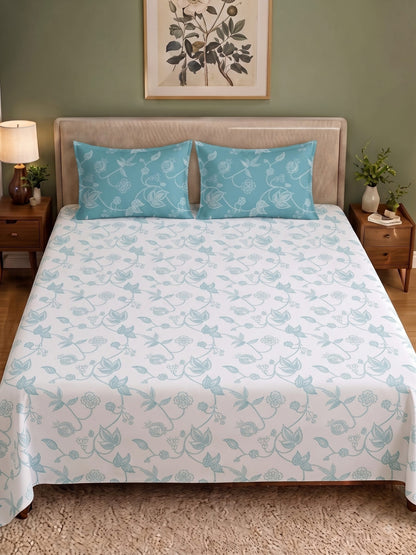 Premium 100% Cotton Satin King Size Bedsheet – 210 TC, 108 x 108 Inch| White & Blue